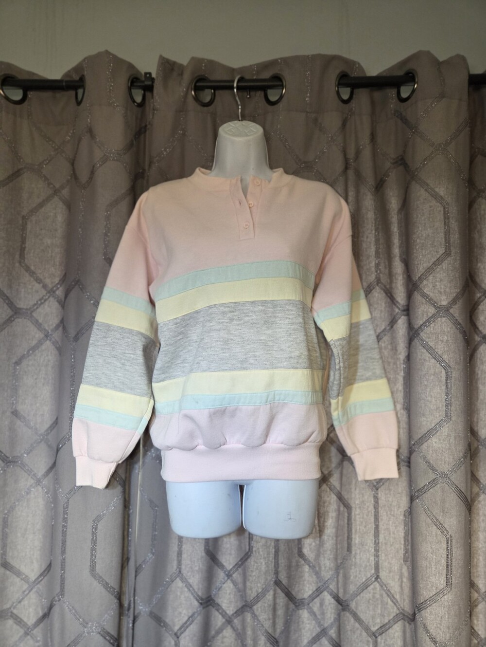 Vintage One Step Up Pink Green Yellow Gray Striped Sweatshirt S